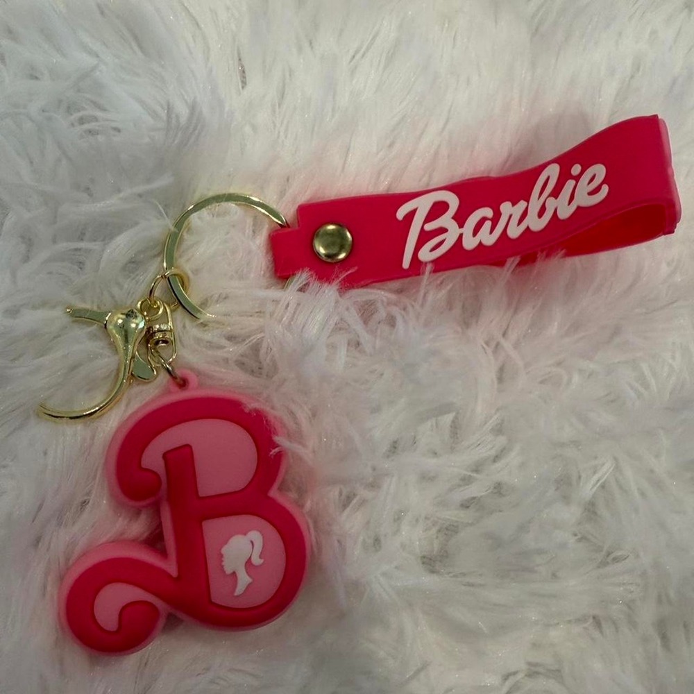 New Barbie keychain with pink 'B' logo and white silhouette  barbiecore